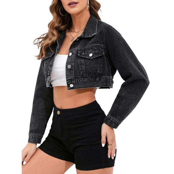 Women'S Casual Fashion Lapel Long Sleeve Short Denim Jacket Black M