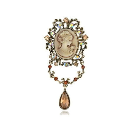 Floral Cameo Pin - Topaz Crystal Rhinestone Flourish Flower Dangle Tear Drop Cameo Lady Pin Brooch