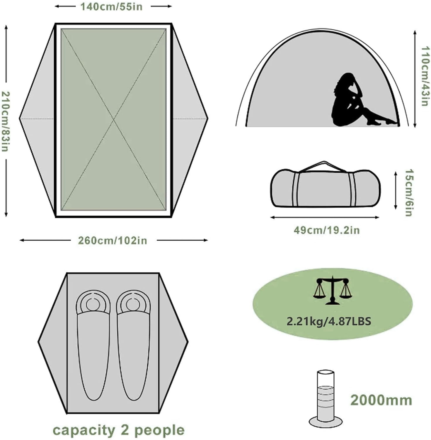 2 Person Camping Tent Lightweight Backpacking Waterproof Windproof Double Layer Outdoor Tents for Family Hiking