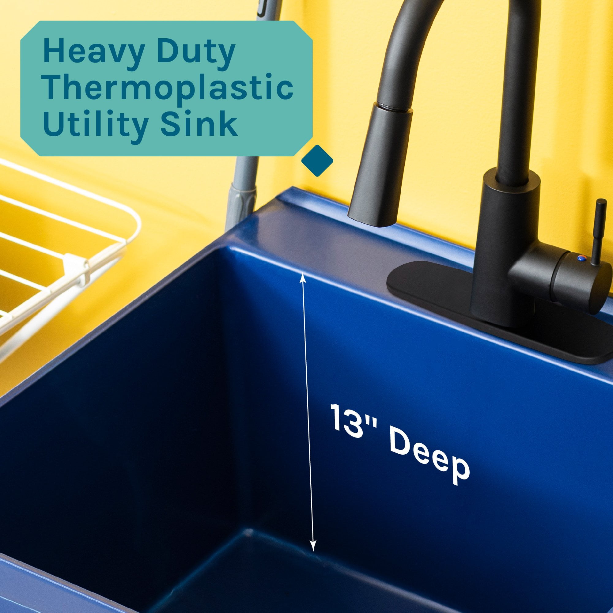 Blue Freestanding Floor Mount Utility Sink with Black High-Arc Faucet for Laundry Room