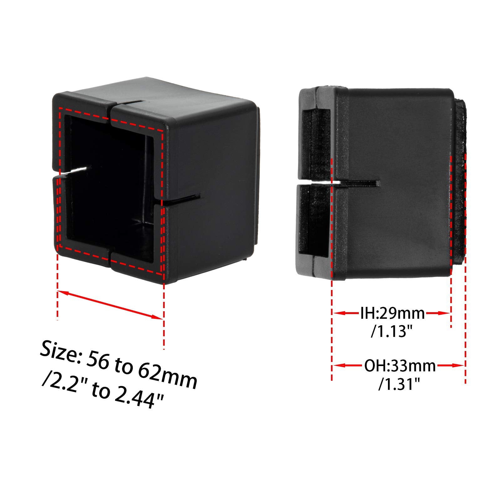 Flyshop 8PCS Square Chair Leg Caps with Felt Pads Durable PVC Protective Feet Cap Prevent Scratches Reduce Noise Felt Furniture Pads, Black Floor Protectors, 56 to 62 mm
