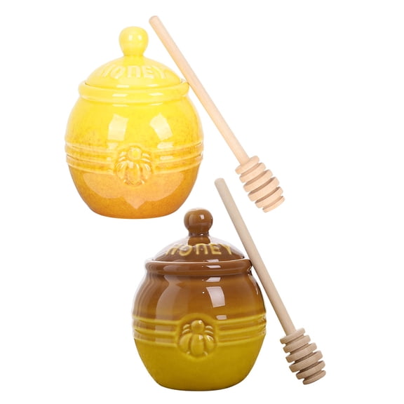 WHAMVOX Ceramic Honey Jar with Dipper for Home Use Assorted Color Compact and Sturdy Design 2 Set