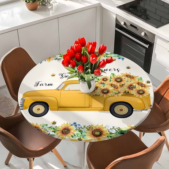 Spring Farmhouse Elastic Fitted Round Tablecloth Farm Truck Sunflowers Bees Yellow Plaid Waterproof Outdoor Table Cover for Holiday Party, Picnic, Patio & Dining Fits Tables Up to 36"-44"
