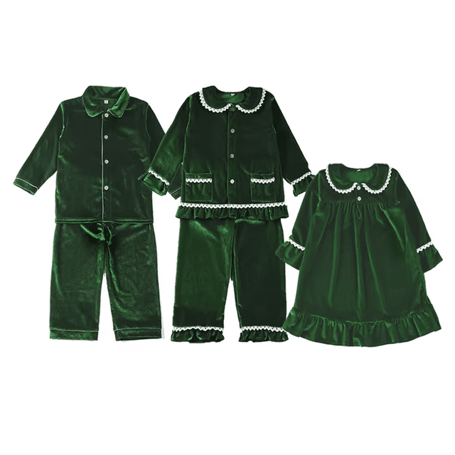 Pijamas familiares a juego de terciopelo verde Pijamas navideños para niños Ropa para bebés Conjuntos de pijamas con volantes para niños y niñas