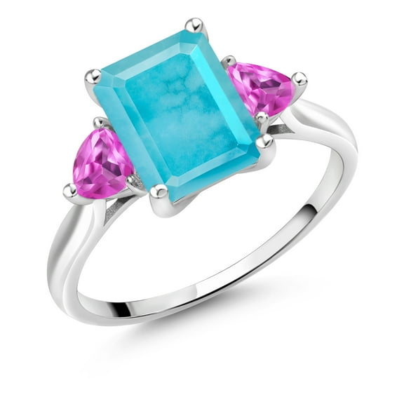 Gem Stone King 10K White Gold Green Turquoise and Pink Created Sapphire 3 Stone Engagement Ring for Women (2.40 Cttw, Emerald Cut 9X7MM, Gemstone Birthstone, Size 7)