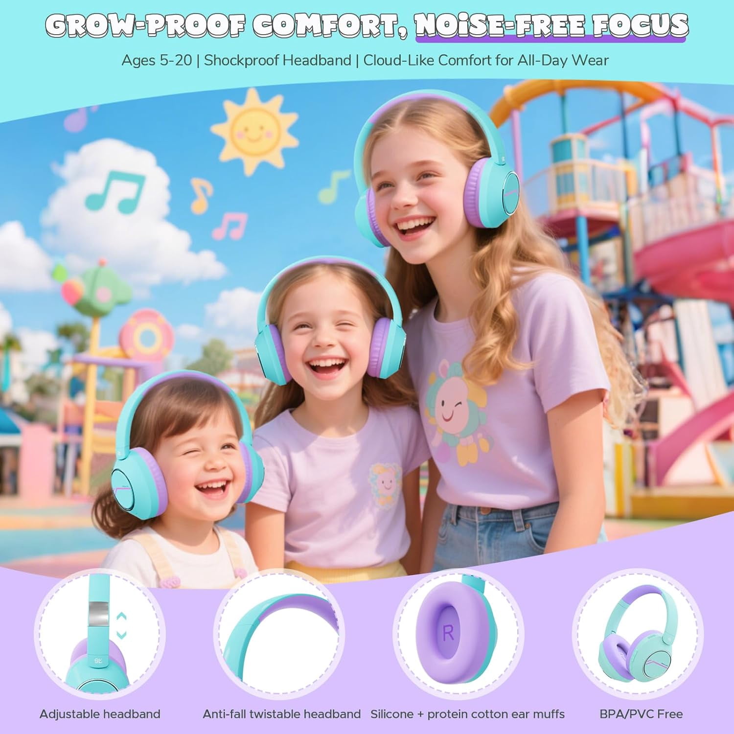 Nova1Pro Kids Wireless Active Noise Cancelling Headphones, Bluetooth 5.4, 60H Playtime, Volume Limited 75/85/94dB, Type-C Fast Charging, Mic, Foldable for School/Travel/Airplane, Green