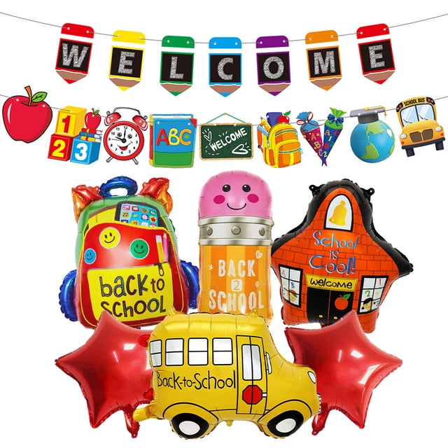 Juego de globos de aluminio para el regreso a clases, 6 unidades, con pancarta para el aula