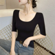 thumbnail image 1 of 2024 Nueva camiseta de manga corta Momodal para mujer, interior de primavera y verano, espalda abierta, cuello en U, ropa exterior, top fino de corte entallado, 1 of 4