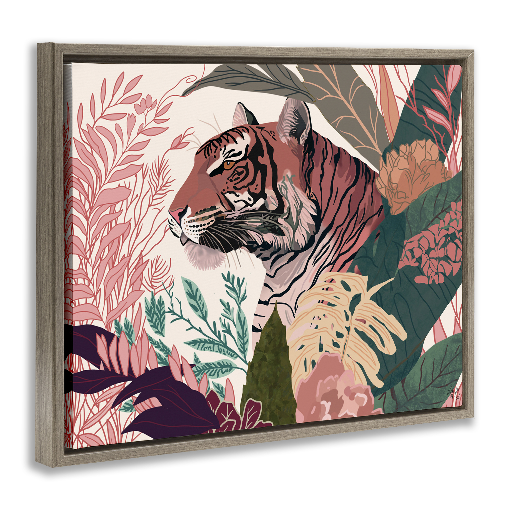Stupell Industries Tiger Peeking from Leaves Animals & Insects Painting Brown Floater Framed Canvas Art Print Wall Art, 31 x 25