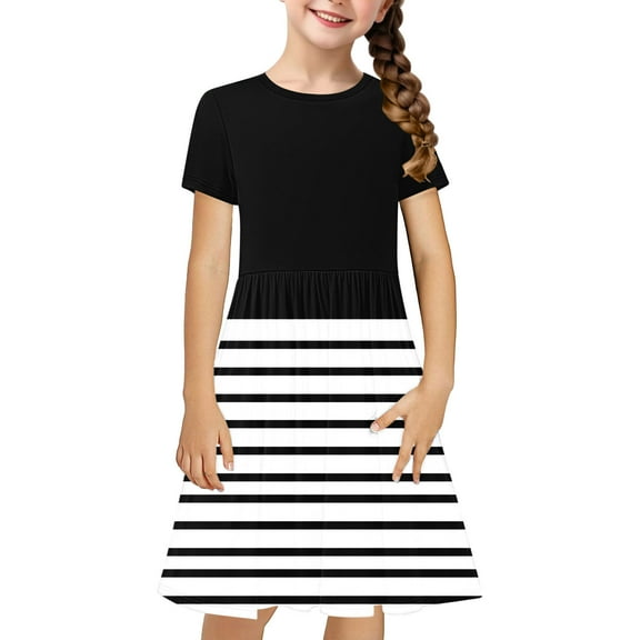 lulshou Girls' Dresses Toddler Kids Girls Cute Stripe Print Short Sleeve Stretchy Dress A Line Dress Black