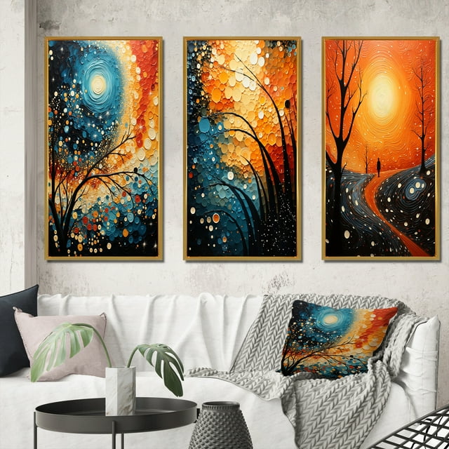 Designart "Tree Aerial Dance painting" Cottage Framed Wall Art Set Of 3 - Teal Trees Frame Gallery Wall Set For Home Decor