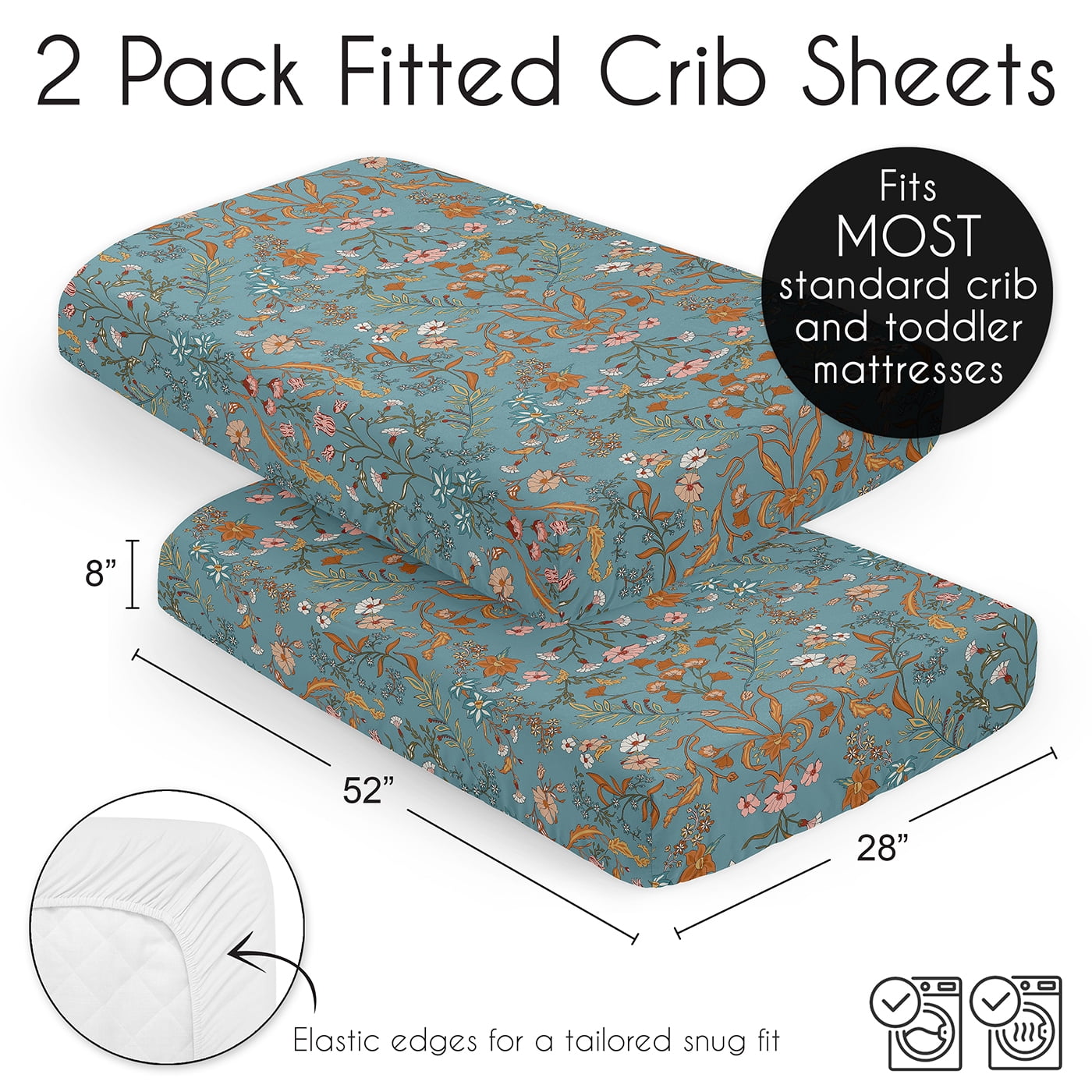 Sweet Jojo Designs Boho Floral Wildflower Blue Orange and Pink Fitted Crib Sheets 2 Piece Set