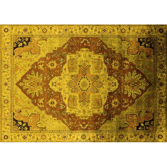 Ahgly Company Machine Washable Indoor Rectangle Oriental Yellow Industrial Area Rugs, 7' x 9'
