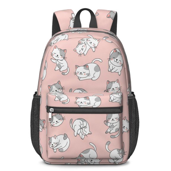 Kawaii Cat Pink Pattern 17" Waterproof Oxford School Backpacks for Teens, S-Shape Padded Straps, for School, Travel, Hiking, Camping