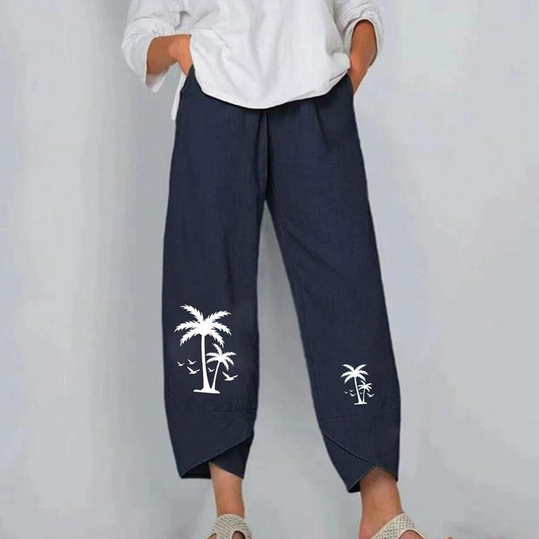 Czhjs Women's Palm Tree Graphic Solid Color Cotton Linen Pants Summer Trousers Comfy Ankle Pants Casual Loose Flowy Wide Leg Petal Split Cropped Pants