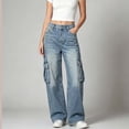 thumbnail image 4 of Women's Cargo Wide Leg Jeans with Pockets High Waist Button Closure Baggy Denim Pants Y2K Casual Vintage Washed Jeans Fashion Bottoms Light Blue, 4 of 6