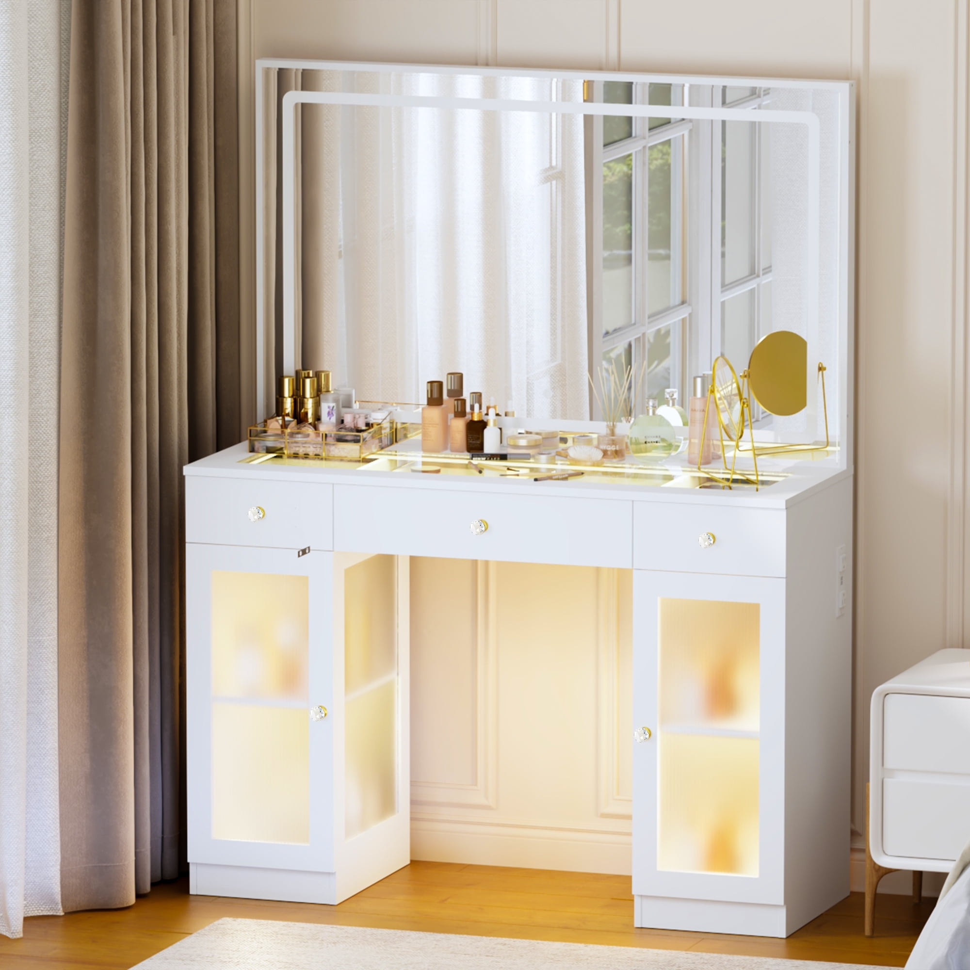 BROTTAR Corner Vanity Desk with Mirror and Lights, Vanity Dresser