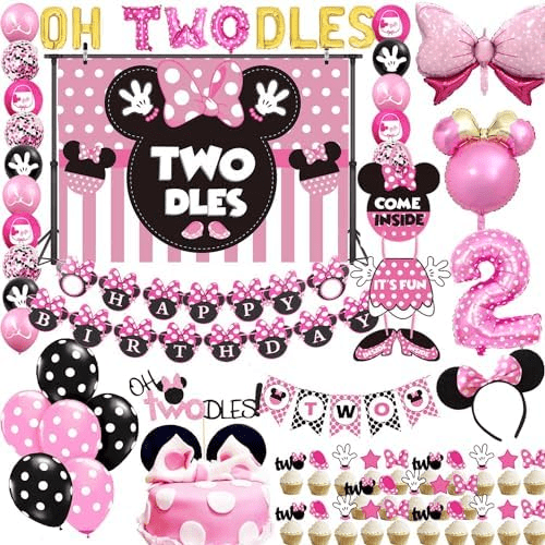 Oh Twodles Pink Twodles Birthday Party Supplies Decorations Banner Cake Topper 2nd Banner Balloon Pink Backdrop Cupcake Topper for Girls Baby Bday$$