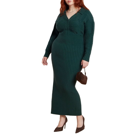 ELOQUII Women's Plus Size Collared Cinched Sweater Dress