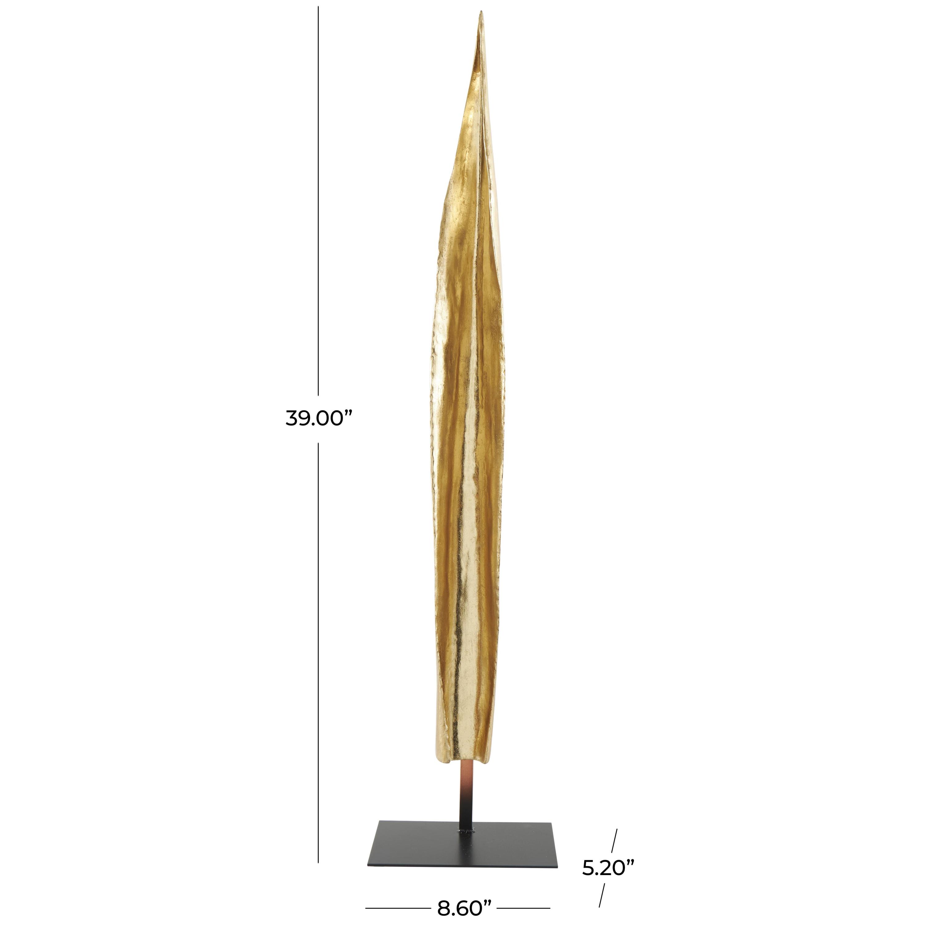 9" x 39" Gold Polystone Slim Abstract Leaf Sculpture with Black Metal Stand, by DecMode