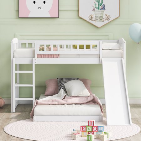 Seizeen Low Bunk Bed for Kids, Twin over Twin Bunk Bed with Slide, Ladder and Safety Guardrails, L-Shaped Twin Loft Bed and Platform Bed Set, Solid Wood Bed Frame for Bedroom, White, L0144