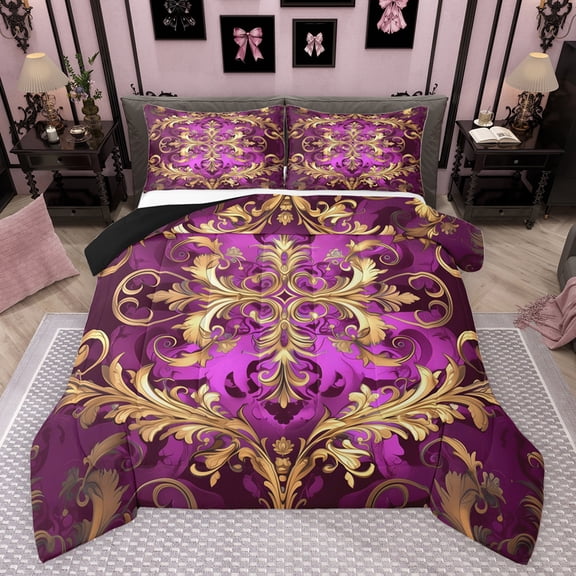 Manfei Retro Damask Print Bedding Comforter Set,Vintage Baroque Flower Twin Comforter Sets,Gold Purple Bedding Set For Men Women,Super Cozy Room Decor Reversible,2-Piece
