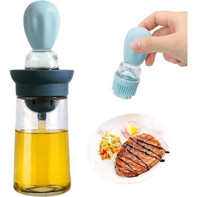 Botella de aceite con cepillo de silicona, dispensador de aceite de oliva para cocina, botellas de condimentos 2 en 1 para asar a la parrilla, pasta (azul)