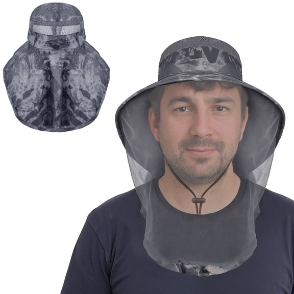AYAMAYA Mosquito Heat Net Sun Hat with Neck Flap, UPF 50 Wide Brim Safari Bucket Cap for Outdoor Fishing Hiking Camping Gardening, Camouflage Black