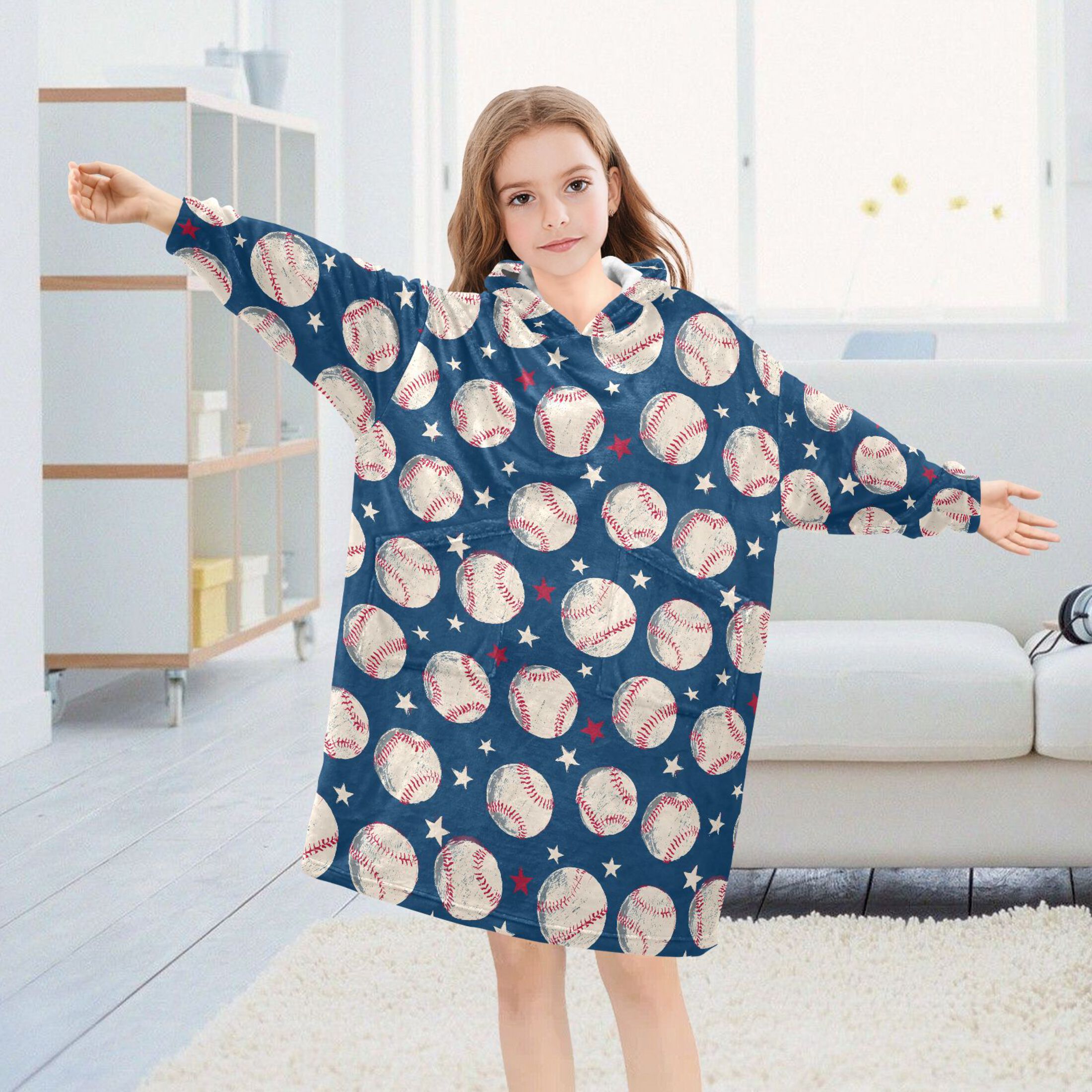 Wearable Blanket Hoodie for Kids Baseball Flannel Hooded Blanket with Pockets and Sleeves Suitable for Boys and Girls