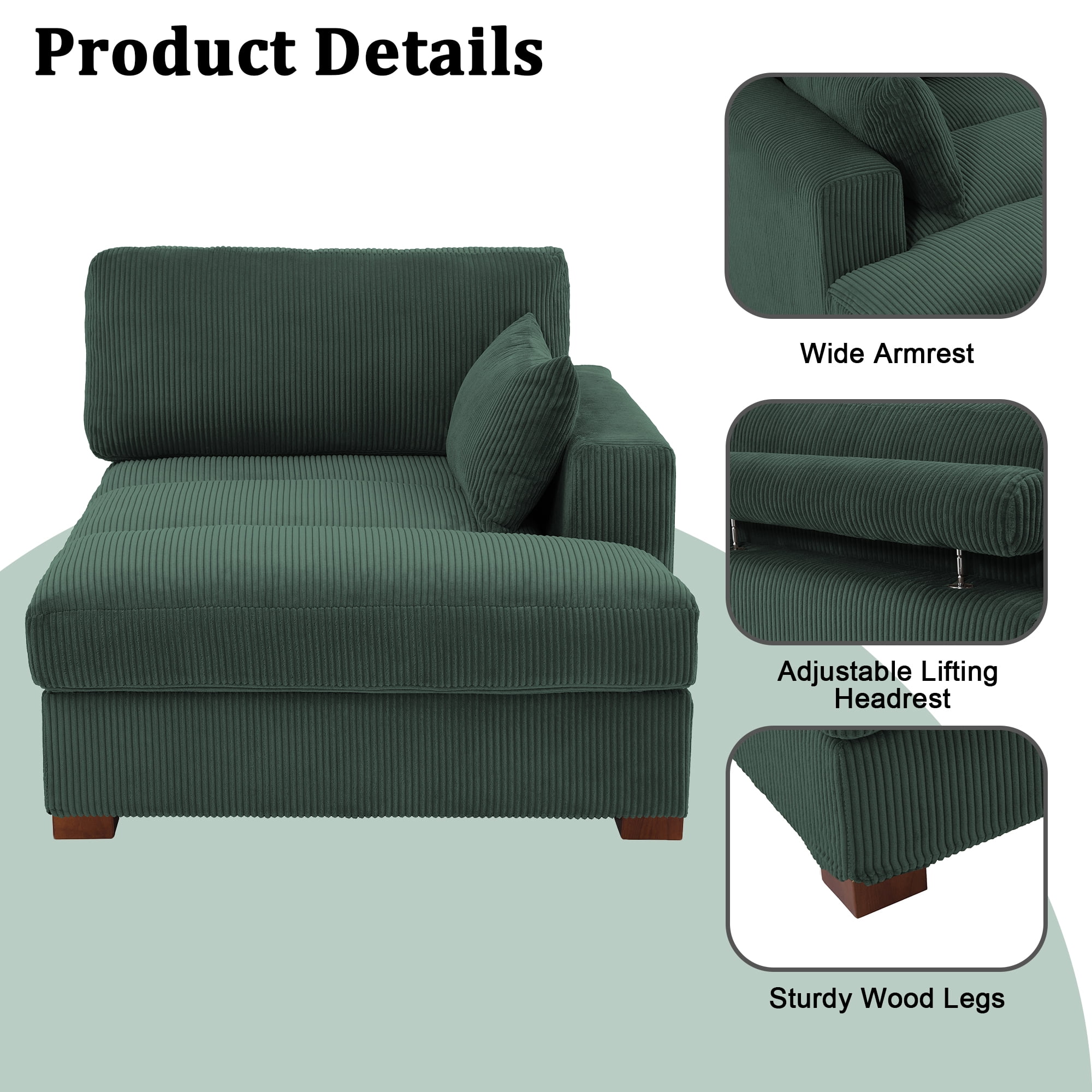 UIXE Chaise Lounge Indoor Upholstered Corduroy Sofa with Left Armrest for Living Room Bedroom, Hunter Green