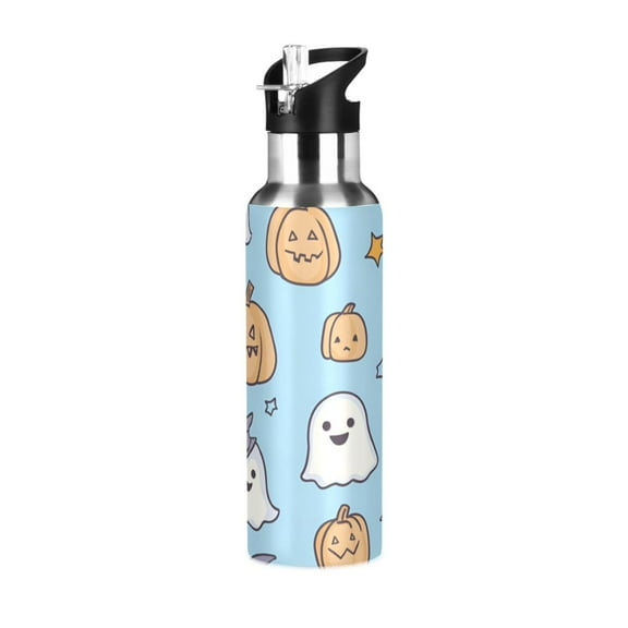 Yayeee 20oz Double Wall Stainless Steel Water Bottle with Flip Straw, Blue Halloween Ghosts