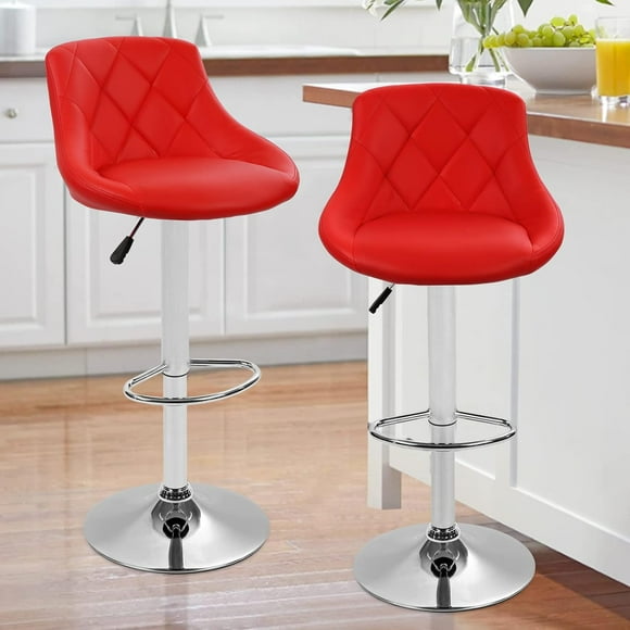 Modern Bar Stools Set of 2 Counter Height Adjustable Bar Chairs with Back and Chrome Base PU Leather Barstools Island Chairs for Kitchen Living Room Pub Swivel Bar Stools ( Red )