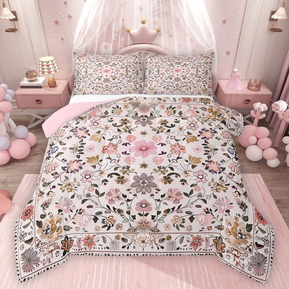 Feelyou Pink Flower Women Bedding Comforter Set, Vintage Boho Floral Twin Comforter Sets, Mandala Cherry Blossoms Reversible Bedding Set, Ultra Soft Bedroom Decor, 2 Pieces