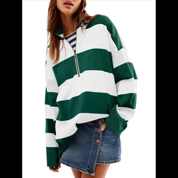 Suéter de Larga con Cremallera 1/4 para Mujer, Otoño e Invierno, , Sudadera con Bloques de Color Divididos. Verde XXL