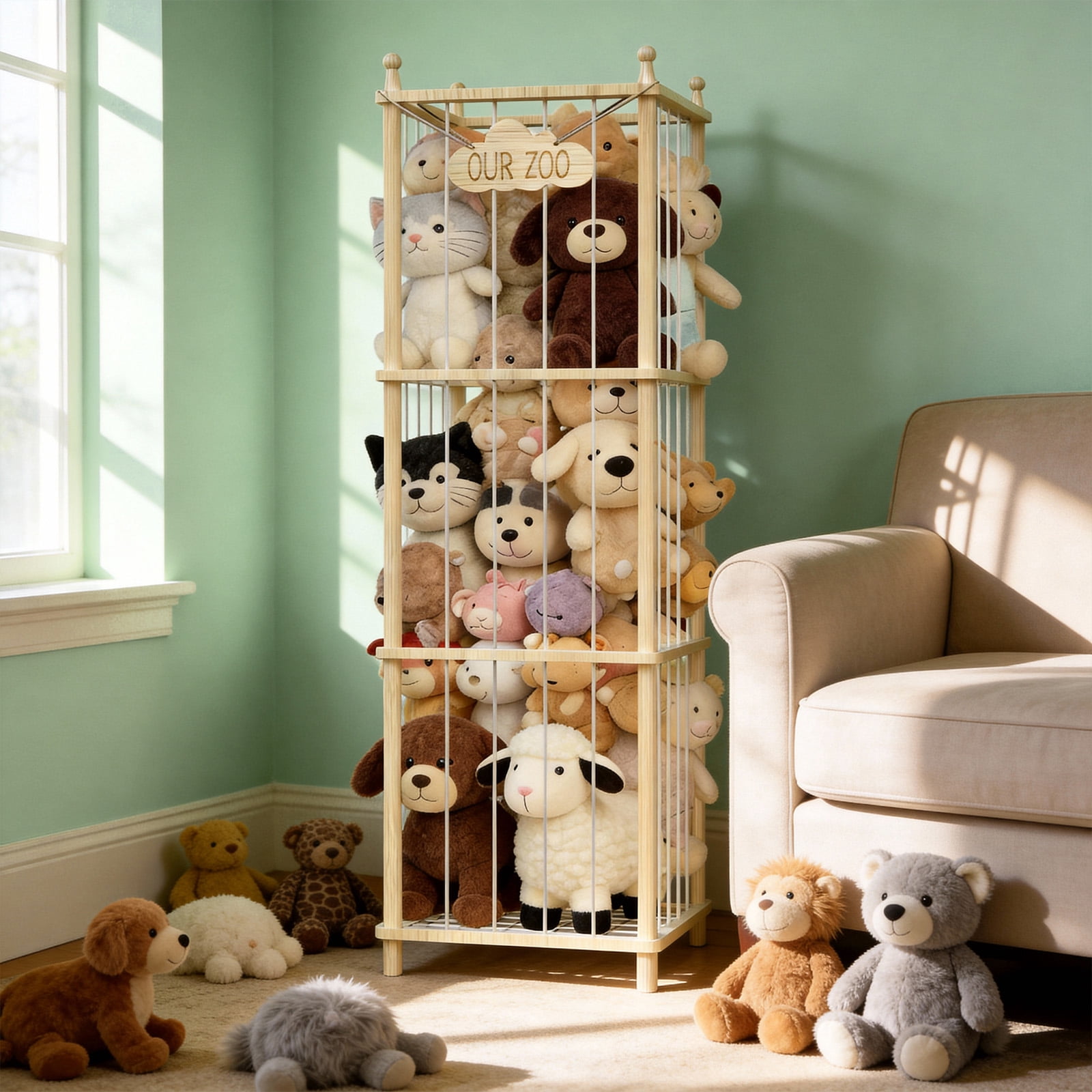 Bel Ark Stuffed Animal Storage Natural Pine Wood Toy Organizer, Space Saving Plushie Playhouse for Nursery, Playroom, Kids Bedroom