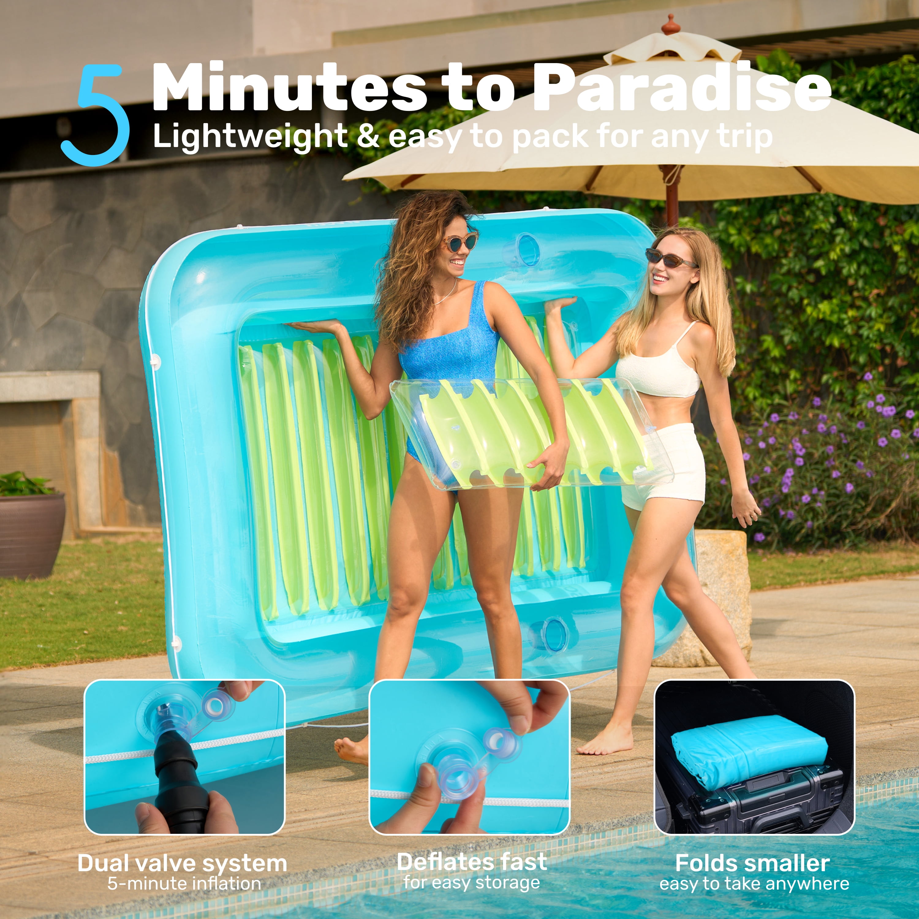 SLOOSH Inflatable Tanning Pool Lounger Float, 85" x 57" Extra Large Suntan Sun Tan tub for Adults, Tanning chair, Bed Blow up, Raft Lounge Floatie,XL-Blue Green