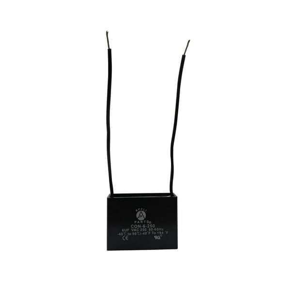 Appli Parts Fan Capacitor 6 mfd (microfarads) uf 250 VAC with 2 Wire Terminal Connections Compatible with Any Brand with Same capacitance 1-7/8in Width 3/4in Depth 1-3/8in Height CAP-6-250-2C