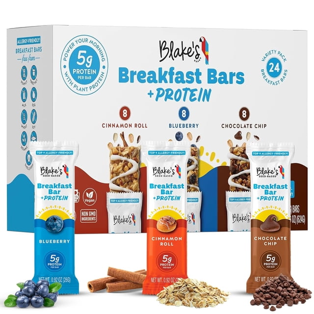 Breakfast Bars with Protein — Blueberry (24 Count), 5g Clean Plant-Based Protein, Gluten Free, Nut Free, Dairy Free & Vegan, Healthy Snacks for Kids or Adults, School Safe