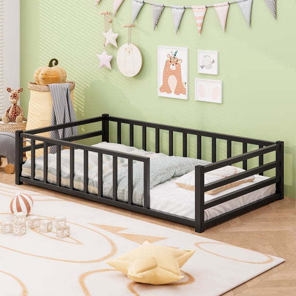 Twin Size Bed Frame, Low Profile Metal Floor Platform for Bedroom Apartment, All-Around Heavy Duty Guardrail Mattress Foundation, No Box Spring Required, Black