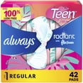 thumbnail image 1 of Always Radiant Teen Pads, Size 1, Regular, with Wings, Unscented, 1 of 9