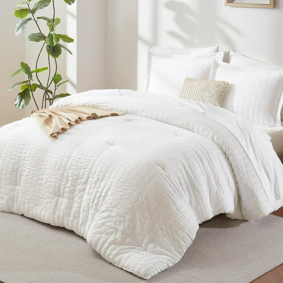 "Queen Comforter Set White Seersucker, 7-Piece Bed in a Bag, Luxury Soft Down Alternative Comforter, Sheets, Pillowcases & Shams, All Season Bedding Set"