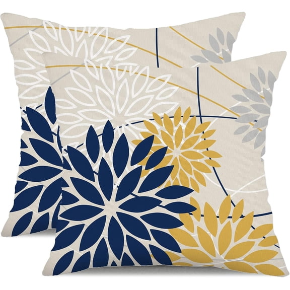 Outdoor Pillow Covers 20x20 Inch Set of 2 Navy Blue Yellow Outdoor Waterproof Decorative Throw Pillows Summer Spring Decor for Home Patio Funiture Garden Living Room Polyester Cushion Covers 01G20