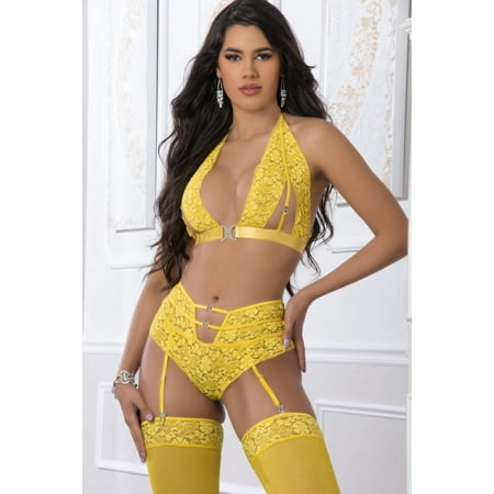 G-World 3pc High Waist Polyamide Garter Laced Panty and Halter Top Set with Stockings O/S