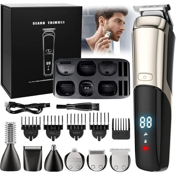 Beard Trimmer, Cordless Hair Clippers for Men Body Hair Trimmer, Mustache Nose Facial Cutting Groomer, Waterproof Electric Shaver 6 in 1 Grooming Kit, USB Rechargeable & LED Display