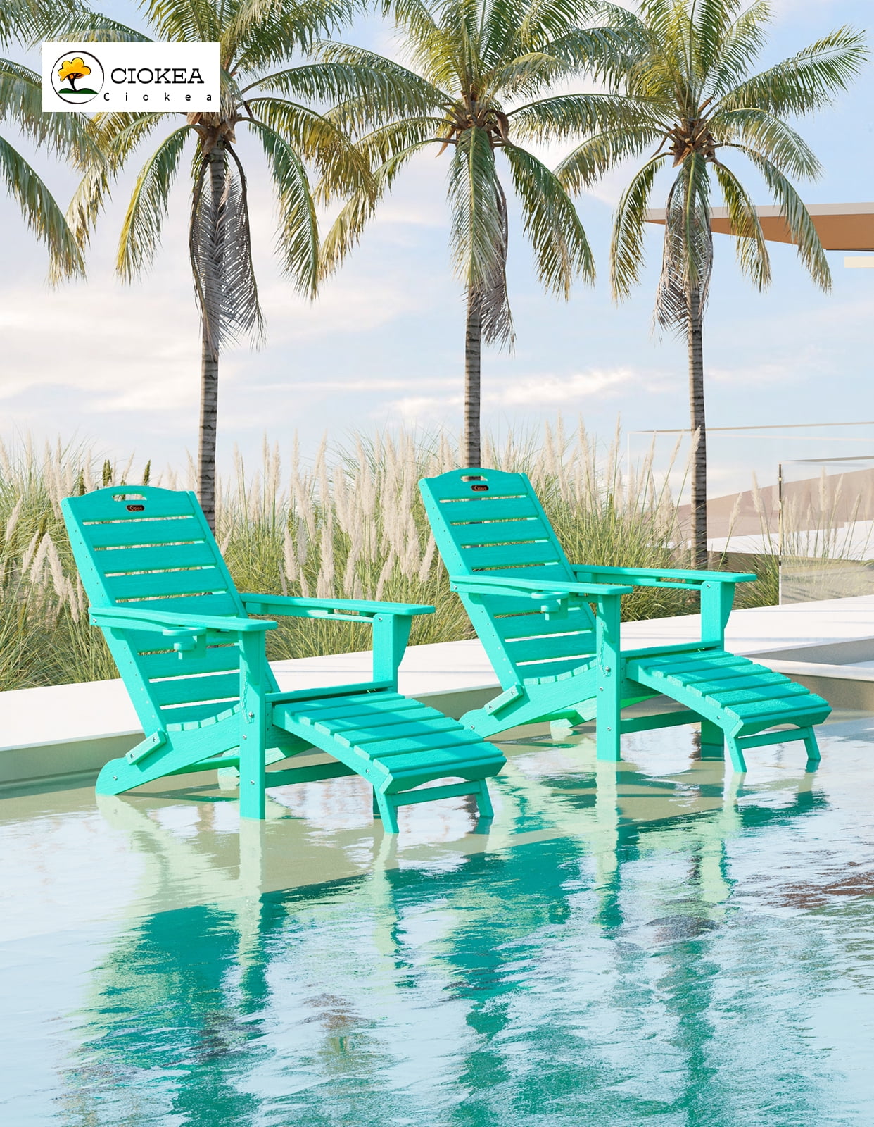 Folding Adirondack Chair Set of 2 with Retractable Ottoman Footrest, Wood Grain HDEP All Weather Fire Pit Chair with 2 Cup Holders for Outdoor, Aqua