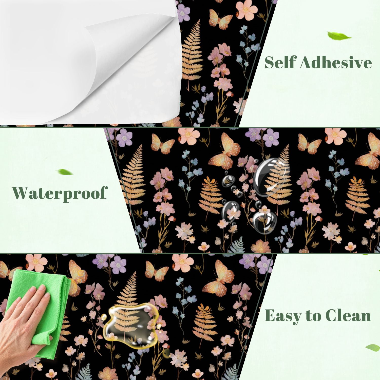 Peel and Stick Wallpaper Watercolor Floral Butterfly Black 17.7in x 118in Contact Paper Removable Self Adhesive Wall Mural Wall Decor for Bedroom Kitchen Cabinets