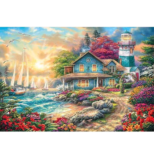 Hilo Algodón Ecológico Bordado 11CT 3 Hebras Impresión 60x40cm Kit Serie Paisaje Punto Cruz para Casa Junto Al Mar