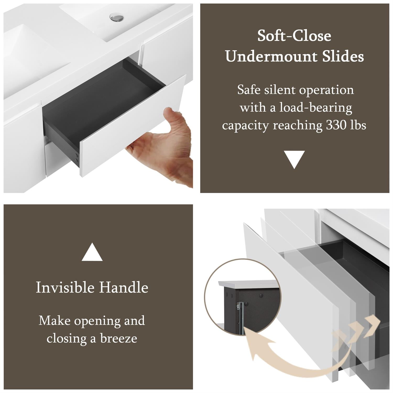 Demi Bonn 60" Floating Bathroom Vanity with Sink, Double Resin Top Basin and 2 Soft Close Drawers, 2 Storage Cabinet, Faucets and Drains Not Included, White