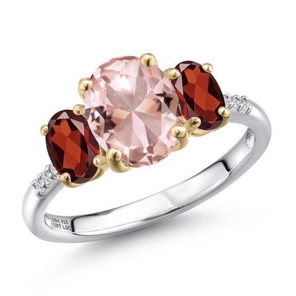 Gem Stone King 925 Silver and 10K Yellow Gold Peach Nano Morganite and Red Garnet and Lab Grown Diamond Engagement Ring for Women | 3.20 Cttw | Oval 9X7MM | October Birthstone | Size 6