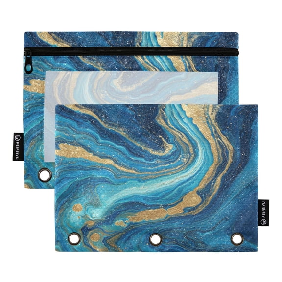 2 Pack Flip Folders with Clear PVC Window Binder Pouches 3-Ring Binder Organizer for Office & Home Blue and Gold Ocean